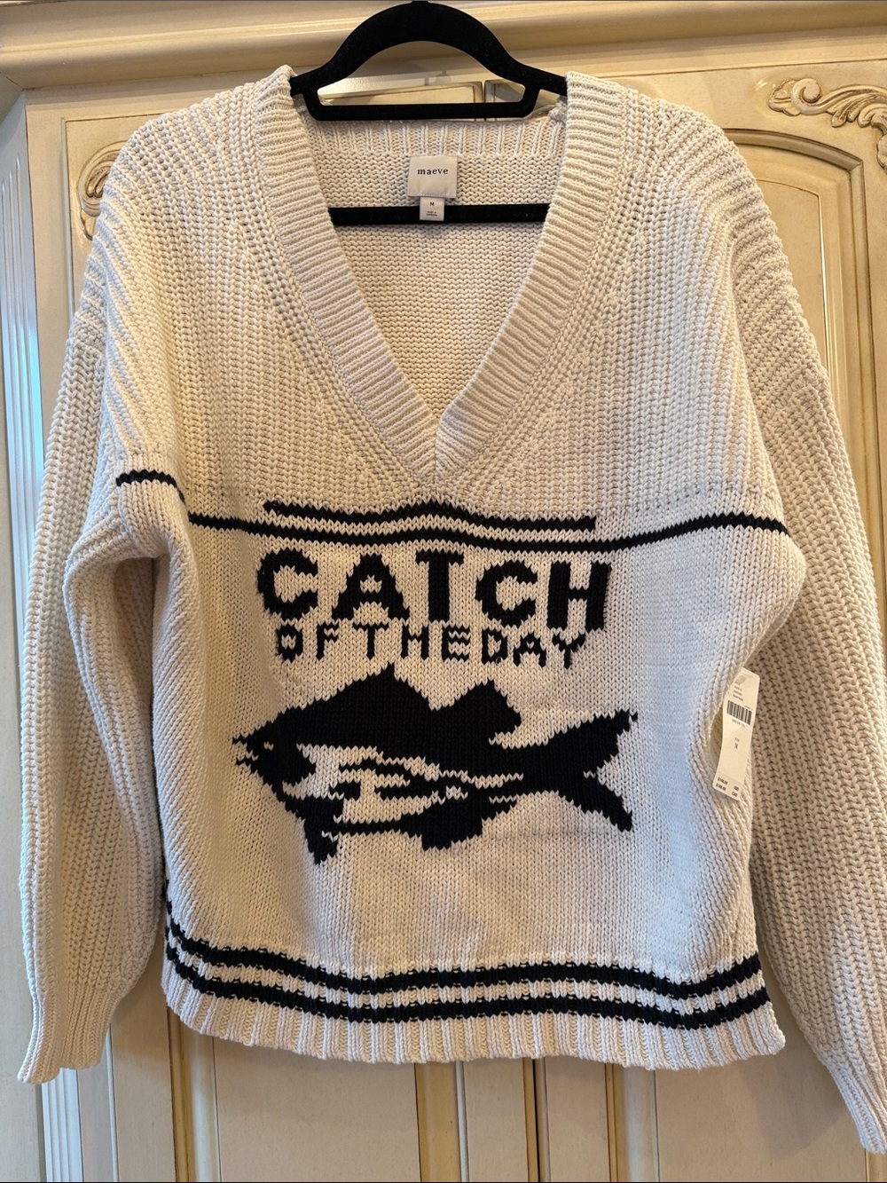 NWT- Maeve Cream V‑Neck Knit Sweater “catch of Day” sz M - Picture 2 of 6